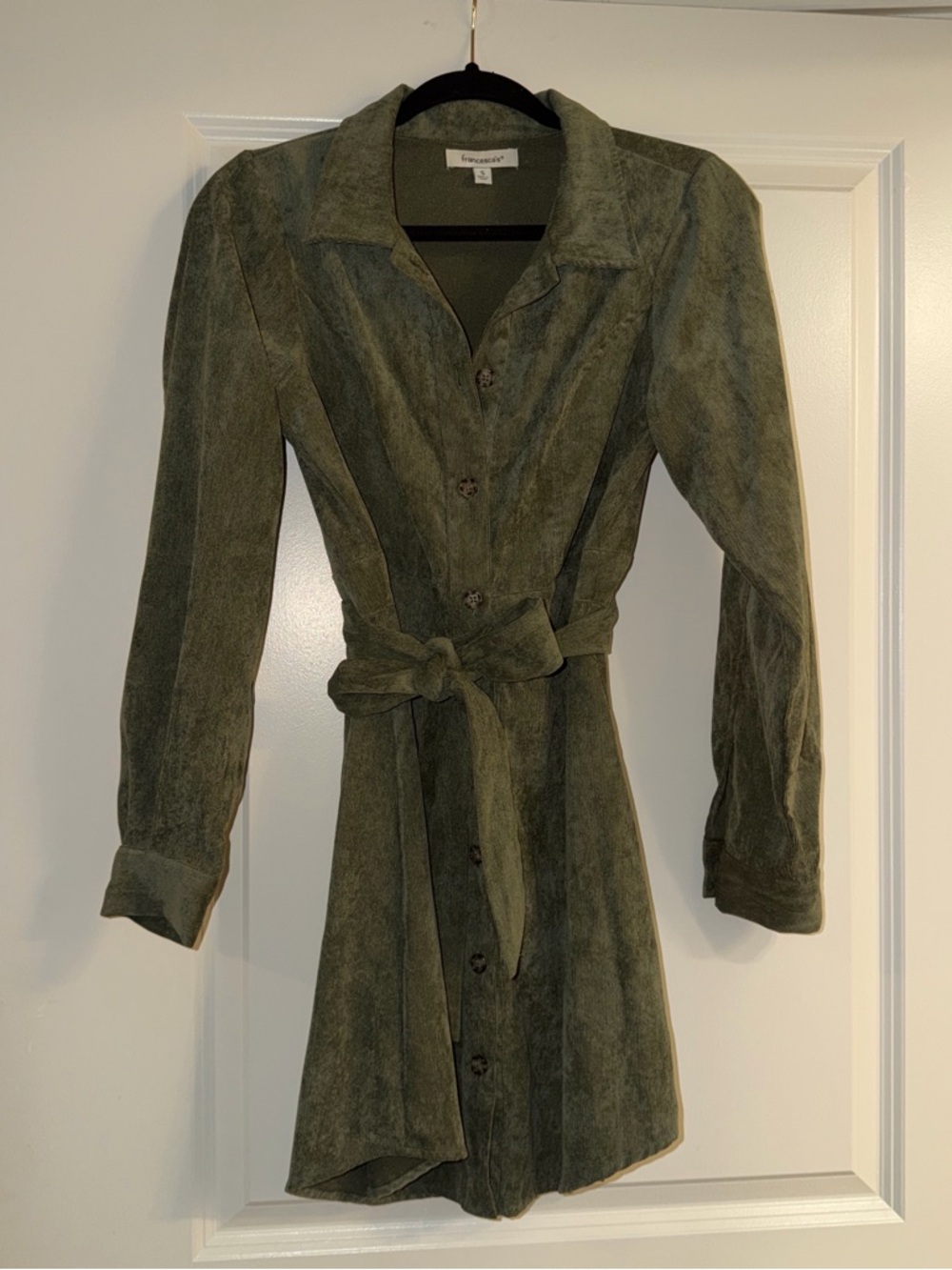 Francesca's Collections Olive Green Button-Front Belted Dress